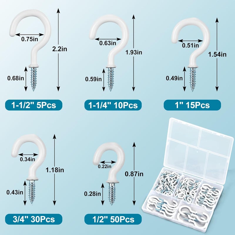 Pylevemv 110Pcs Premium Screw Hooks, 5 Sizes White Vinyl Coated Cup Hook, from1/2 in Small Hooks to 1-1/2 in Ceiling Hooks Heavy Duty, Screw in Hooks for Hanging Plants, String Lights - Image 2